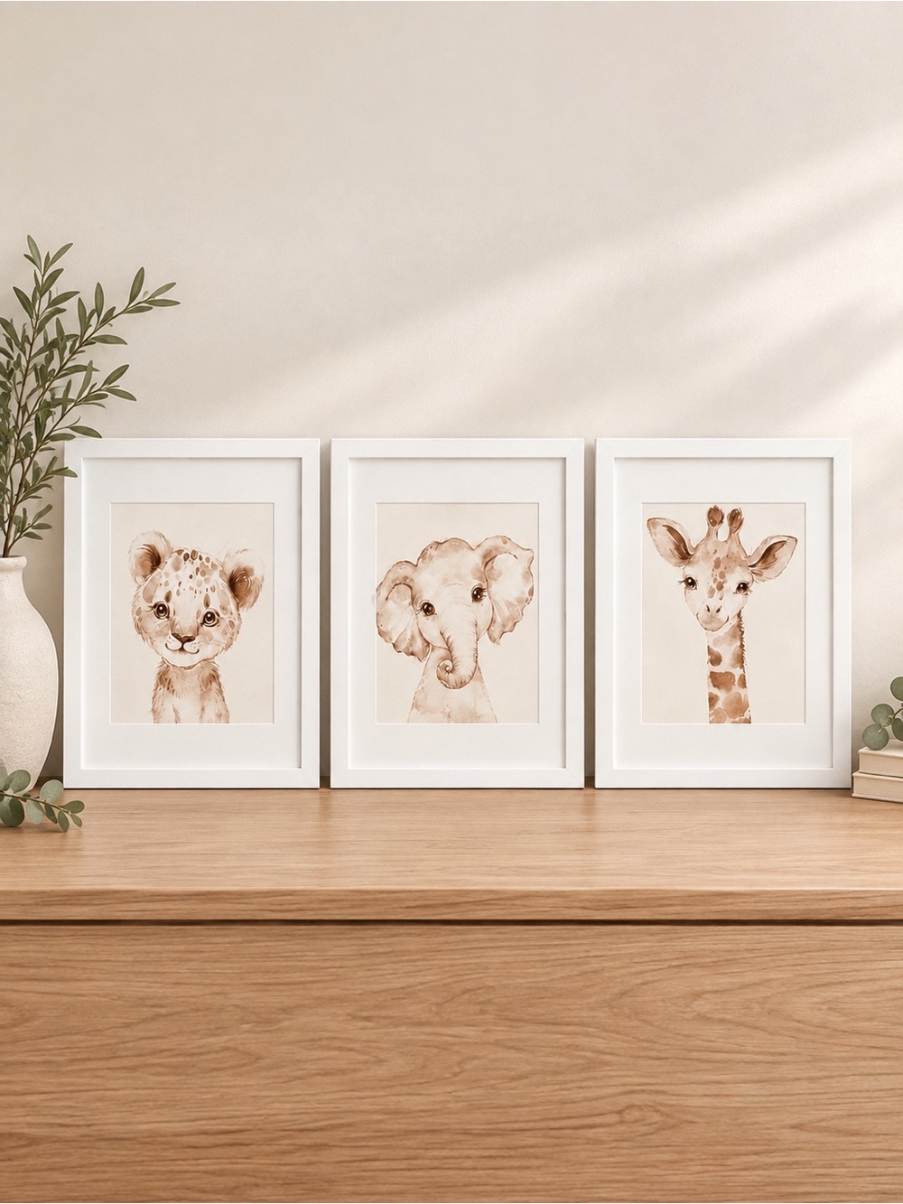 Set of 3 Beige Safari Animal Framed Canvas Art Prints - Nursery Wall Decor